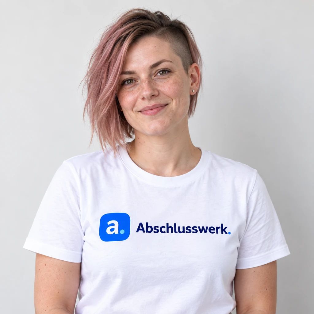 KI-generiertes Beispielporträt von Clara Berger in Kleidung mit Abschlusswerk-Logo