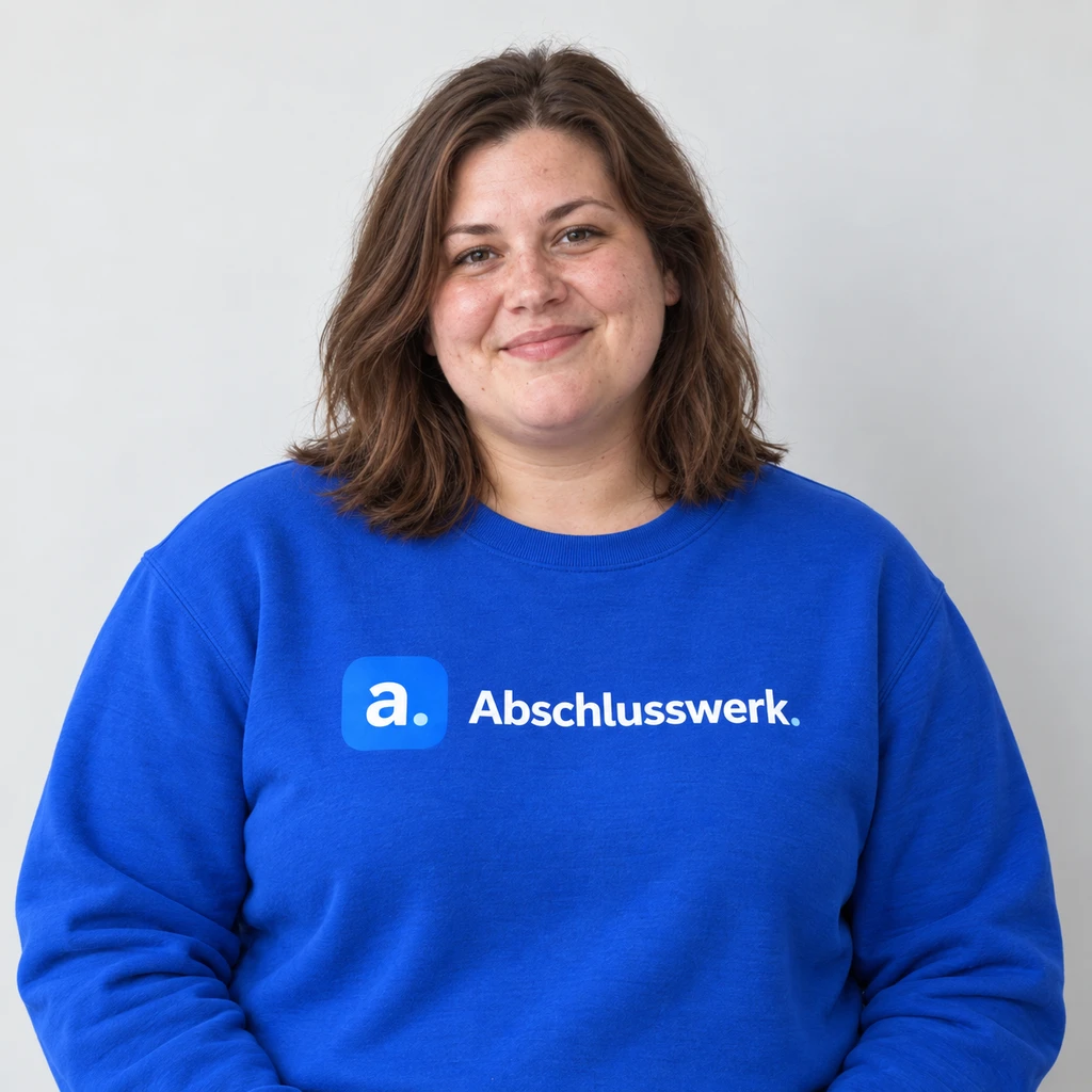 KI-generiertes Beispielporträt von Lena Hoffmann in Kleidung mit Abschlusswerk-Logo